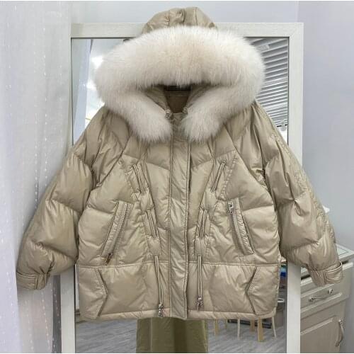 High quality Big Fur Collar Down Jacket Women New Winter White duck down Jackets For Women Loose Warm Hooded Coat Female Outwear