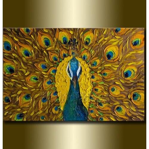 Hand Painted Oil Painting Golden Peacock Modern Animal Art Painting Textured Palette Knife Oil on Canvas