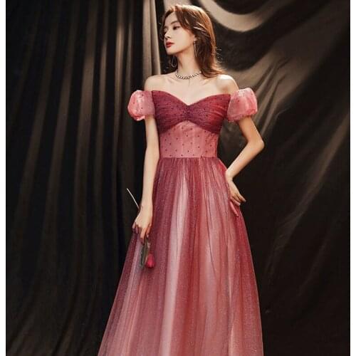 Wine Red Tube Top Starry Sky Evening Dress Female One-shoulder Fairy Temperament Wedding Toast Banquet Host Evening Dress A114