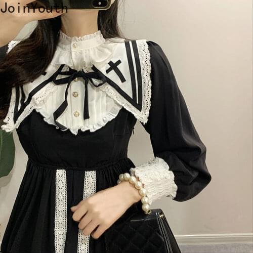 Joinyouth Vintage Dresses Women Dailor Collar Ruffles Lace Vestidos Mujer Long Sleeve Big Swing Black Elegant Dress Woman 7b751