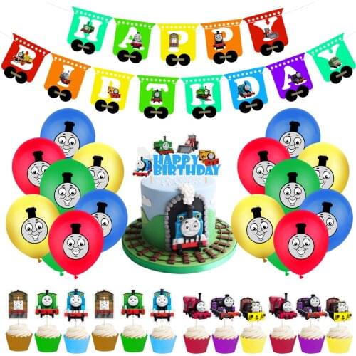 Thomased Party Supplies Cartoon Cars Train Game Balloons Happy Birthday Banner Party Decoration Cake Topper Boys Toy Favors