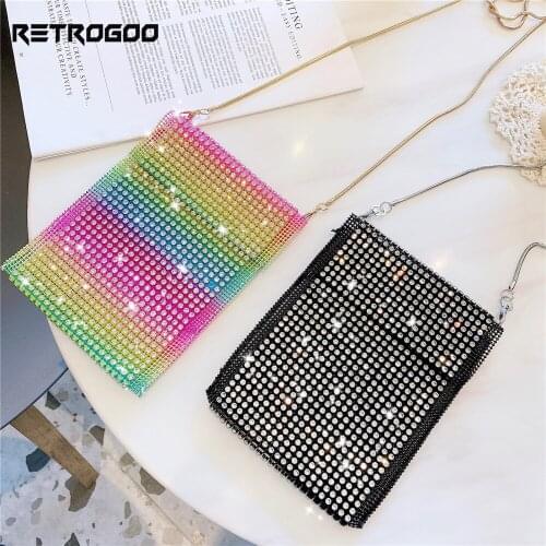 RETROGOO Glitter Rhinestone Womens Crossbody Bag Bling Crystal Diamond Girls Shoulder Bag Casual Messenger Phone Bag Handbag