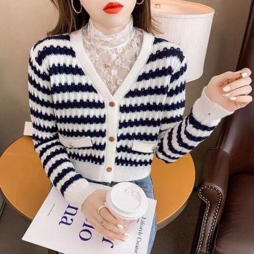 She Beaty Knitted Sweater Coat Cardigan Women Clothes Casual V-Neck Long Sleeve Button Up Striped Outwear Traf Korean Style Tops