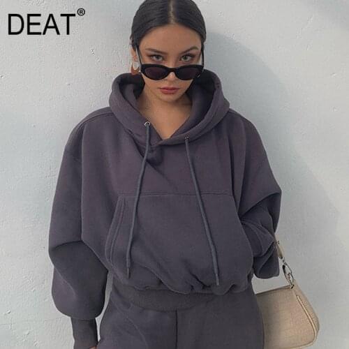 DEAT 2021 New Winter Fashion Women Clothes Hooded Drawstring Pullover Lantern Sleeves Sweatshirt And Track Pants WK0370