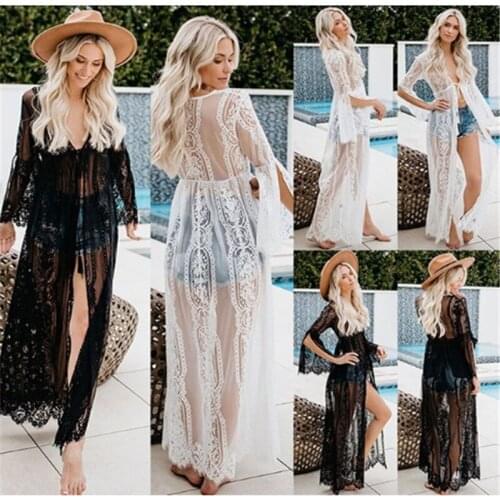 Women Lace Crochet Bikini Cover Up Slim Fit Solid Color Long Covering Clothe for Summer Beach Wear See Through Cover-Ups