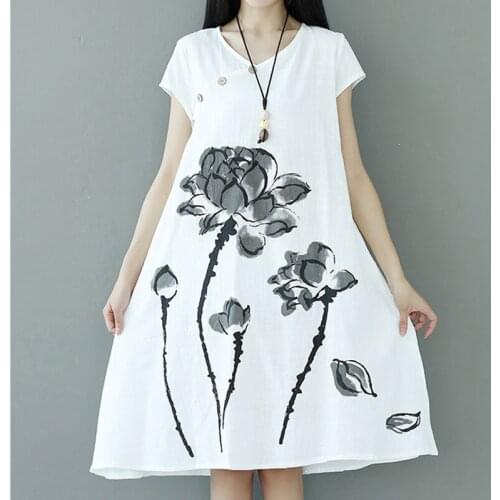 ANASUNMOON Women Summer Casual Dress New Fashion Lotus Pattern Print Short Sleeve Cotton Linen Comfortable Long Dresses Vestidos