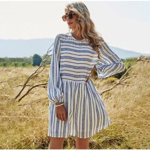 Spring New Lantern Sleeve Striped Dress Women Casual O Neck High Waist Knee Length Dress For Women 2021 Summer Dress