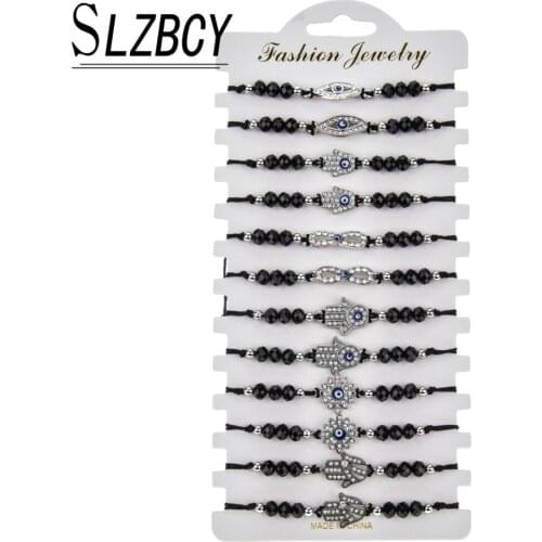 12pcs/lot Boho Women Crystal Bracelet Set Infinity Love Hamsa Hand Evil Eye Rhinestome Braided Adjustable Yoga Wristband Jewelry