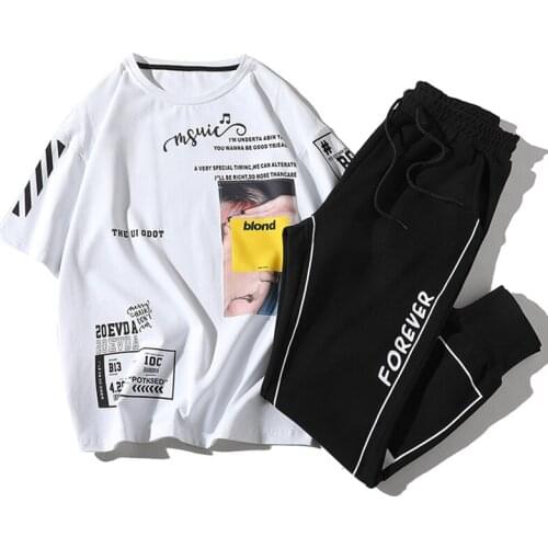 April MOMO 2021 Men INS Fashion Sportswear Sports Sets T Shirts+P=ants Male Casual Slim Fit Large Size Pencil Pants T Shirts