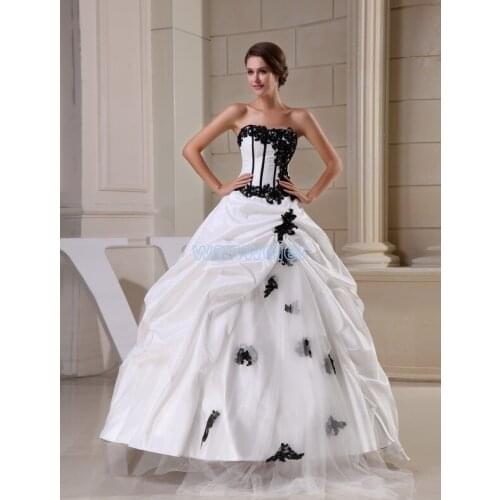 Free shipping hot sale ball gown new design fashion black appliques custom size/color taffeta white wedding dress 2016