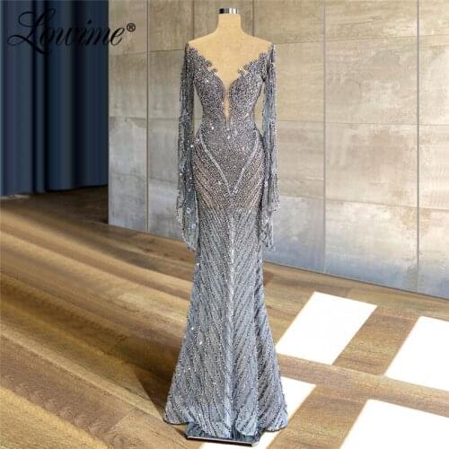 Beading Silver Party Dress 2021 Customized Beaded Crystals Long Sleeves Evening Gowns Dubai Kaftans Middle East Celebrity Dress