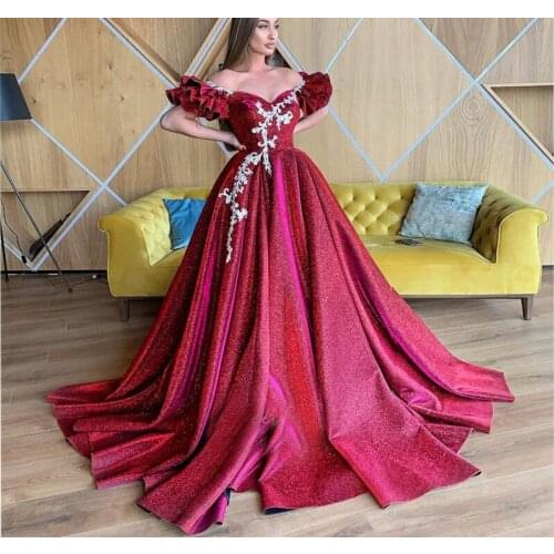 Burgundy Glitter Appliques Prom Dresses Ball Gown Off Shoulder Formal Evening Dress Robe De Soiree