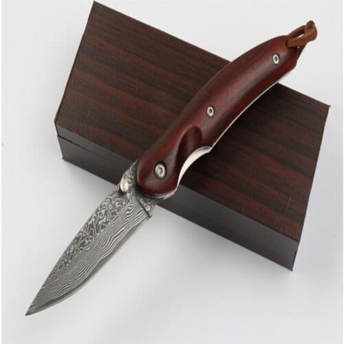 Damascus Little Cote Folding Knife VG10 Steel Blade Natural Particles Red Sandalwood Hnadle Hunt and CampTactical EDC TooL