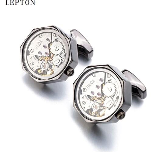 Lepton Functional Watch Movement Cufflinks With Glass Hot Sale Stainless Steel Steampunk Gear Watch Mechanism Cufflinks for Mens