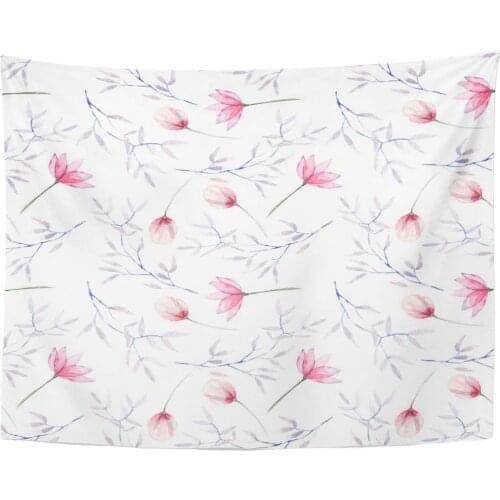 Tapestry Blue Cute Floral Pattern with The Watercolor Pink Flowers and Purple Branches Hand White Colorful Wood Tapestries Wall