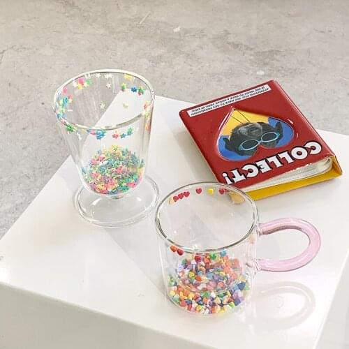Insts South Korea double love quicksand cup lovely girl heart creative water cup transparent juice cup glass cup glass cup