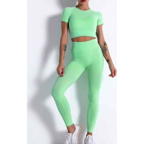 2 Pcs Yoga Set Women Seamless Short Sleeve Crop Top Yoga Shirts Gym Running Workout Leggings Sport Shorts Fitness Clothing