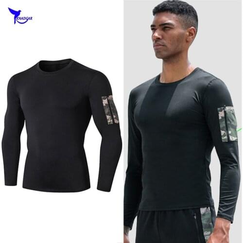 Compression Quick Dry Long Sleeve Running Shirt with Arm Pockets Men Bodybuilding Sport T-shirt Gym Fitness Tight Rashguard Tops