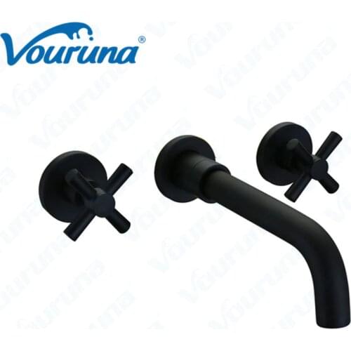 Dual Handles Matte Black Basin Set In Wall Mounted Bathroom Faucet Top Fashion New Arrival Contemporary