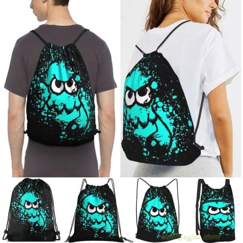 Splatoon Black Squid With Blank Eyes On Cyan Splatter Mask Men Travel Sports Gym Bag Women Drawstring Bags Sackpack Backpack
