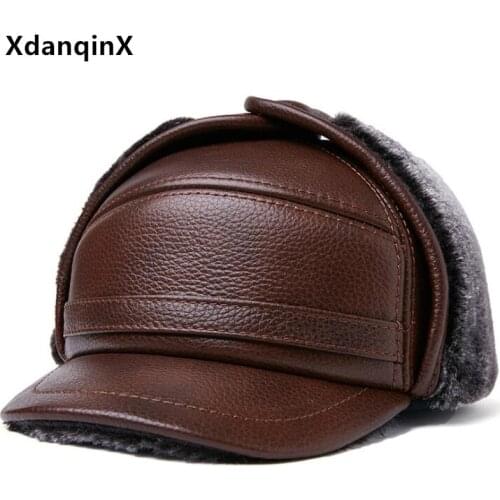 New Winter Warm Hat For Men Genuine Leather Cap Fluff Thermal Bomber Hats Mens Cowhide Leather Hat Ear Protection Earmuffs Hat