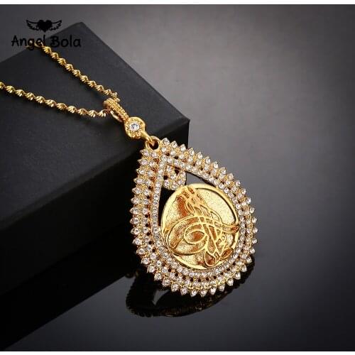 AAA Crystal Metal Coin Necklace for Turks - Gold Color Turkey Womens Arab Pendant Jewelry White Stone Turkish Coin Never Faded