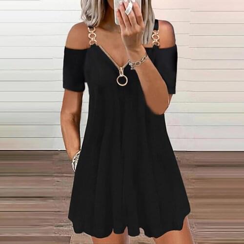 2021 Ninimour Cold Shoulder Chain Strap Zipper Design Black Short Sleeve Summer Casual Mini A Line Dress Office Work Daily Dress