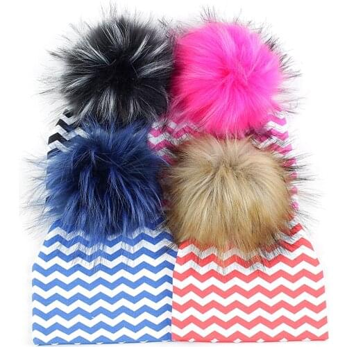 Newborn Beanie Hat With 15cm Faux Fur Pompom Cotton Wave Patterned Cap For Winter Autumn Beanies For Baby Angel Warm Skull Hat