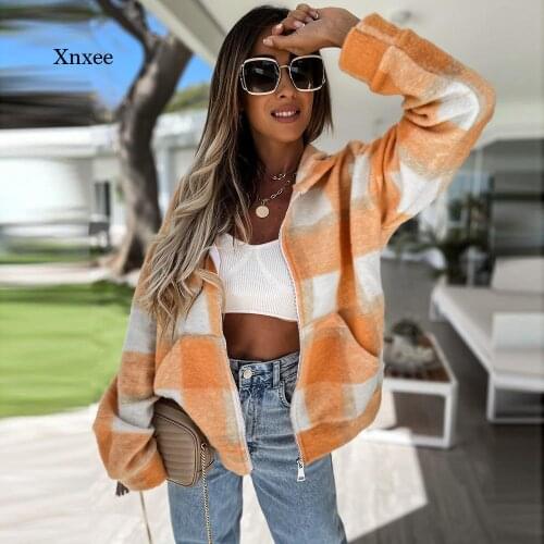 Hoodie Plaid Print Coat Fashion Jackets Women Winter Fashion Long Sleeve Office Jackets Coats Spring Street Oversized Clothing