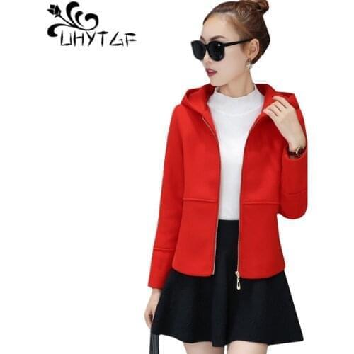 UHYTGF Korean fashion student women autumn winter wool coat casual hooded short jacket Zippered slim Woolen windbreaker coat1210