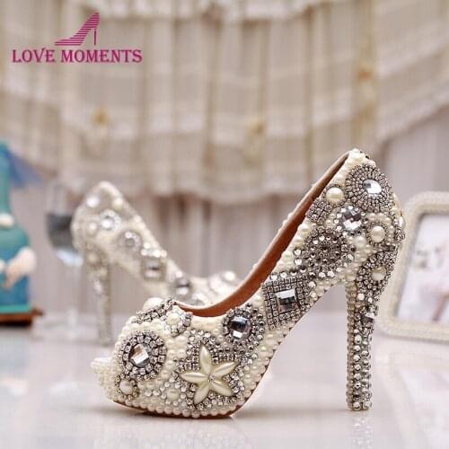 Unique Ivory Pearl Rhinestone Wedding dress Shoes Peep Toe High Heeled Bridal Shoes Waterproof Woman Party Prom Shoes