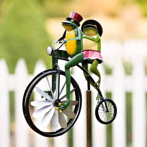 Windmill Frog Riding Bicycle Vintage Bicycle Wind Spinner With Metal Stake Frog Riding Motorcycle Windmill Decoration For Yard