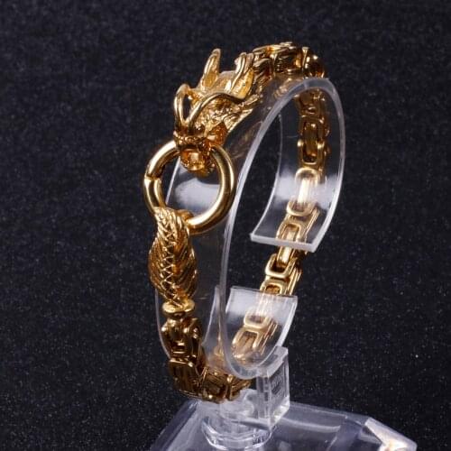 Gold/black jewelry Hip-Hop Mens stainless steel Byzantine chain double dragon Bangle Bracelet Gifts 6mm 8.5