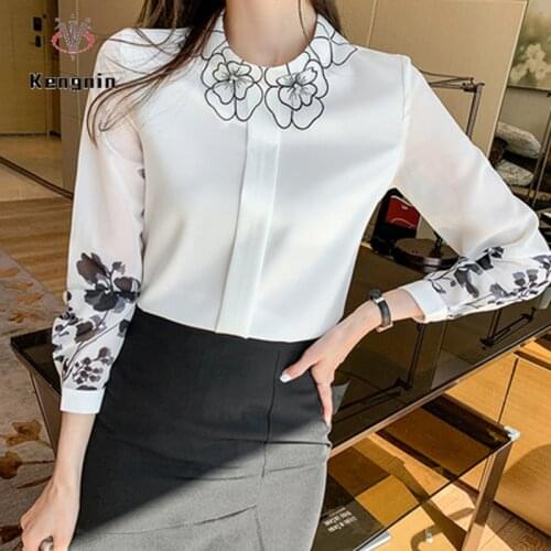 New 2021 Spring Autumn Flower Collar Womens Shirts Loose Chiffon Print Ladies Tops Long Sleeve Female Blouse White Blause KN81