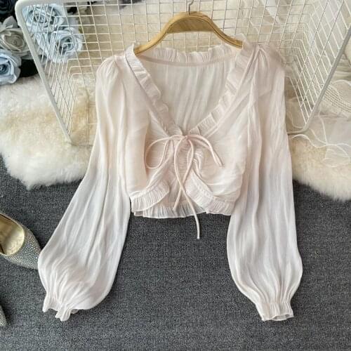 Summer New Retro Loose Long Sleeve V-neck Lace-up Sunscreen Clothing Lantern Sleeve Female Shawl Cardigan Short Coat aq1001