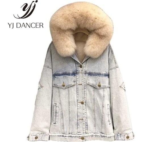 2019 New Winter Denim Pie To Overcome Female Long Section Detachable Imitation Otter Rabbit Fur Liner Large Fur Collar Fur Coat