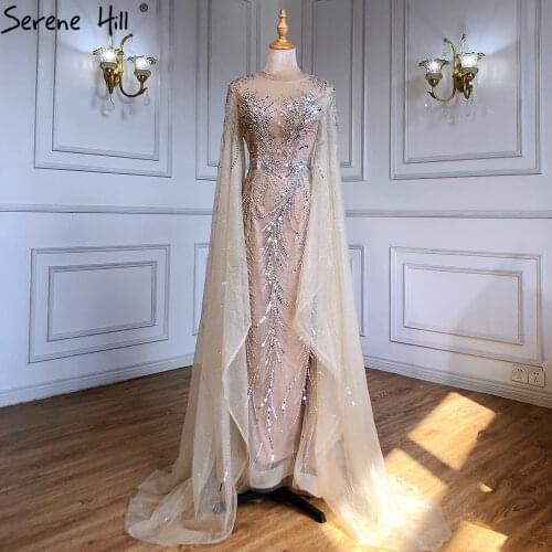 Serene Hill Gold Mermaid Luxury Elegant Evening Dresses Gowns Long 2021 Beading with Caps Sleeves Sexy for Women Party BLA70825