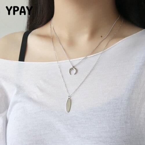 YPAY 100% Real 925 Sterling Silver Strip & Moon Joint Pendant Necklace for Ladies Women Gifts Fine Jewelry 2 PCS/SET YMN011