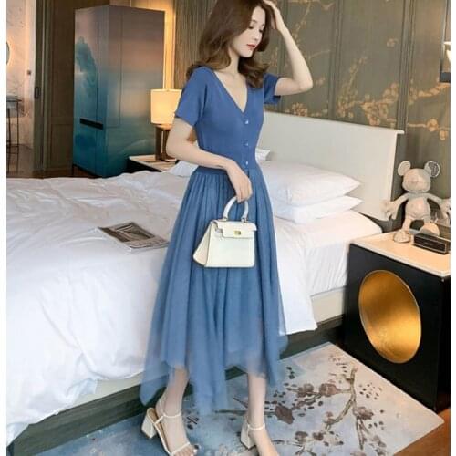Womens Maxi Dress Knitted Mesh Stitching Short Sleeve V-neck Long Dresses Vestido Feminino