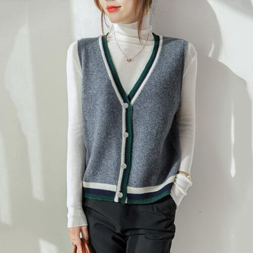 100% Pure Wool Womens Sleeveless Vest V-Neck Knit Cardigan Sweater Autumn Winter Warm Jacket Female Kamizelki Trendy Waistcoat