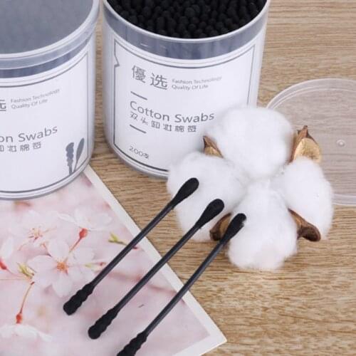 200pcs Disposable Cotton Swab Spiral Ear Cleaner Black Double Heads Medical Swab Lipstick Eyebrow Eyelash Cotton Bud Makeup Tool