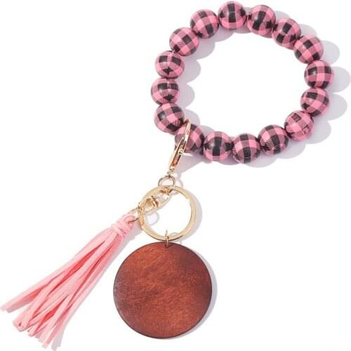 Grid Wood Beads Keychain For Car Accessories Tassel Keychain With Wood Chips Pendant Keyring For Women Jewelry Wholesale Gift