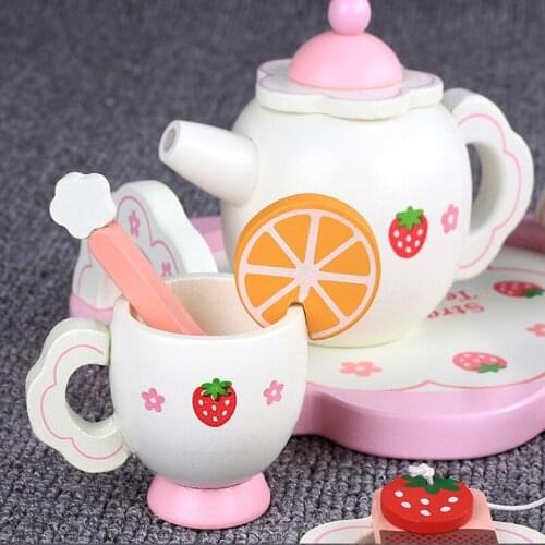 Wooden Mini Tea Set Toy Cup Teapots Tray for Children Kids Kitchen Role Playing Game STTA889