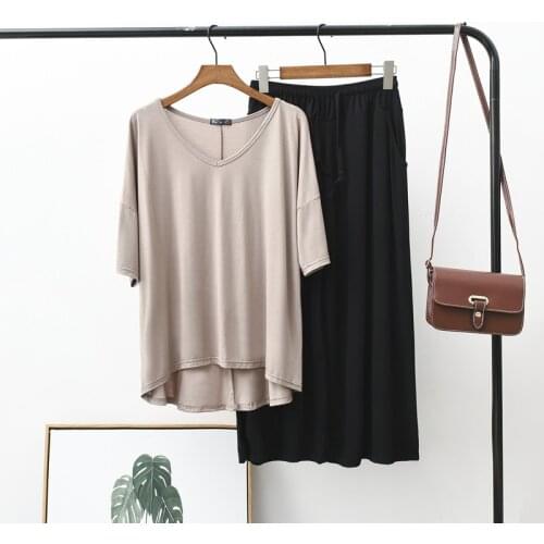 Modal Half Sleeve Polo Shirt + Long Pant Two Piece Set Loose Pajamas For Women New V Neck Loungewear Pijamas Female Home Clothes