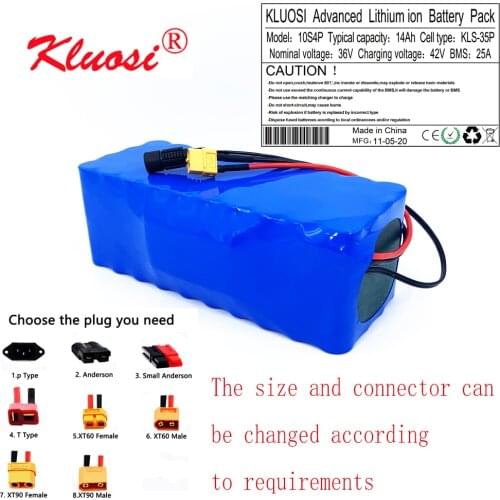 KLUOSI 10S4P 36V 14Ah 42V Lithium Battery Pack with 25A Balance BMS for 250W 450W 650W 750W Ebike Electric Bicycle Motor Scoote
