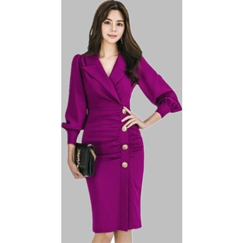 Fashion Ruched Draped Pencil Bodycon Dress Women Notched Neck Single-breasted Slim Dresses OL Office Wear Sheath Vestidos