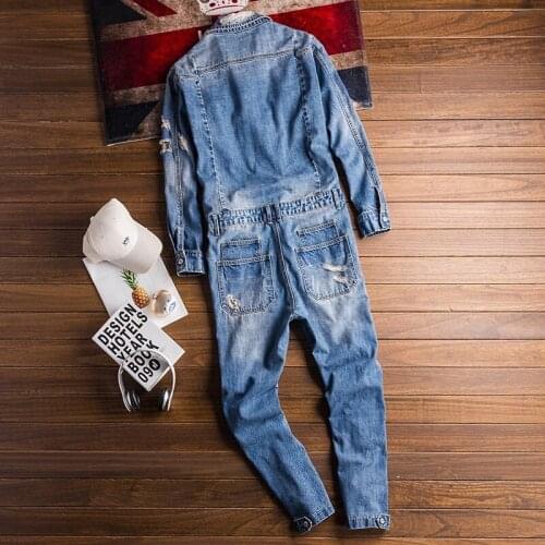 Fashion Mens One Piece Denim Jumpsuit Hole Ripped Jeans Long Sleeve Baggy Overalls Denim Cargo Pants Casual Cowboy Streetwear