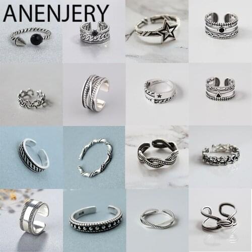 ANENJERY 925 Sterling Silver Handmade Rings For Men Women Size 18mm Adjustable Thai Silver Finger Rings Personality S-R445