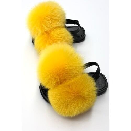 Fluffy Slippers Girls Real Fox Fur Hairball Sandals Toddler Luxury Kids Sliders Furry Flat Flip Flop Children Shoes 2-6 Years