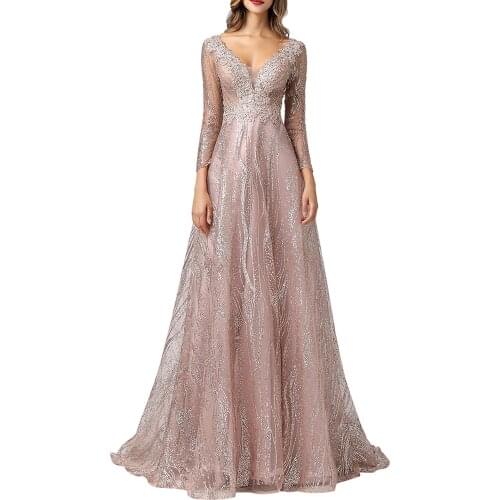 Soft Pink evening dress 2021 V Neck Long Sleeves nice Evening Dress with Beaded mocini tailor